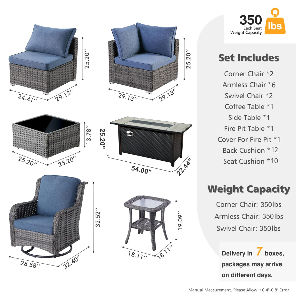 HOOOWOOO Outdoor Patio Furniture with Fire Pit Set 13 Pieces Patio Set with Fire Pit Wicker Outdoor Furniture with Fire Pit Table Set Patio Sectional Set with Swivel Chairs,Denim Blue HOOOWOOO