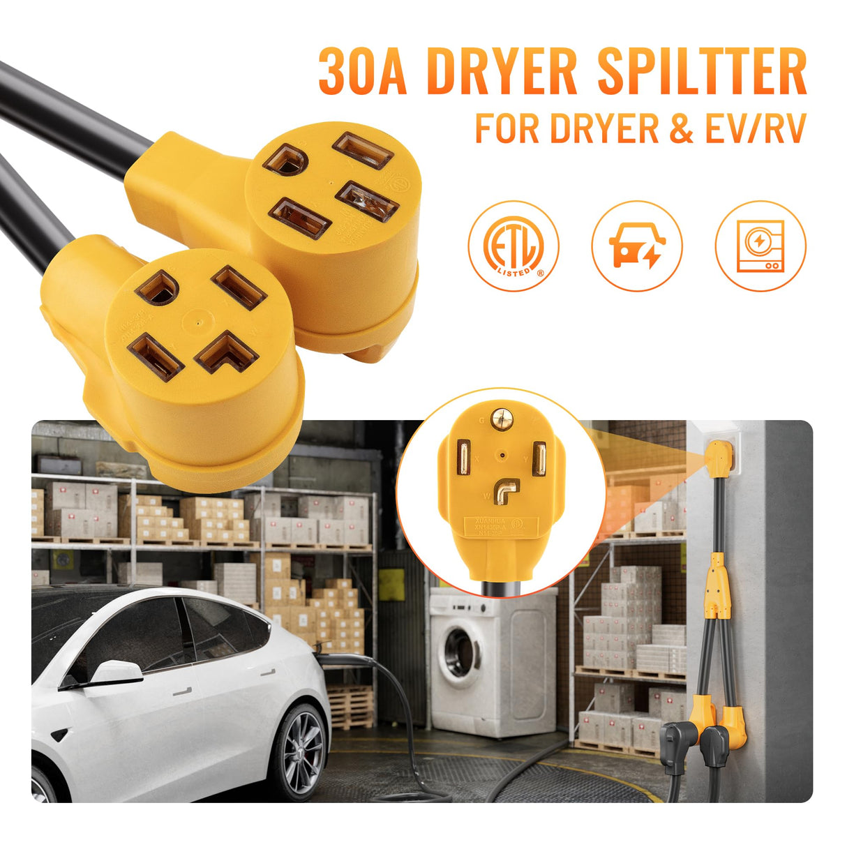 MECMO 30 Amp Dryer Y Splitter to RV/EV, NEMA 14-30P to 14-50R / 14-30R Splitter Power Cord Adapter, Dryer 4-Prong 30 AMP Y Adapter Cable for EV RV Car Charging at Dryer Outlet 250V, STW 10 AWG, 2ft MECMO