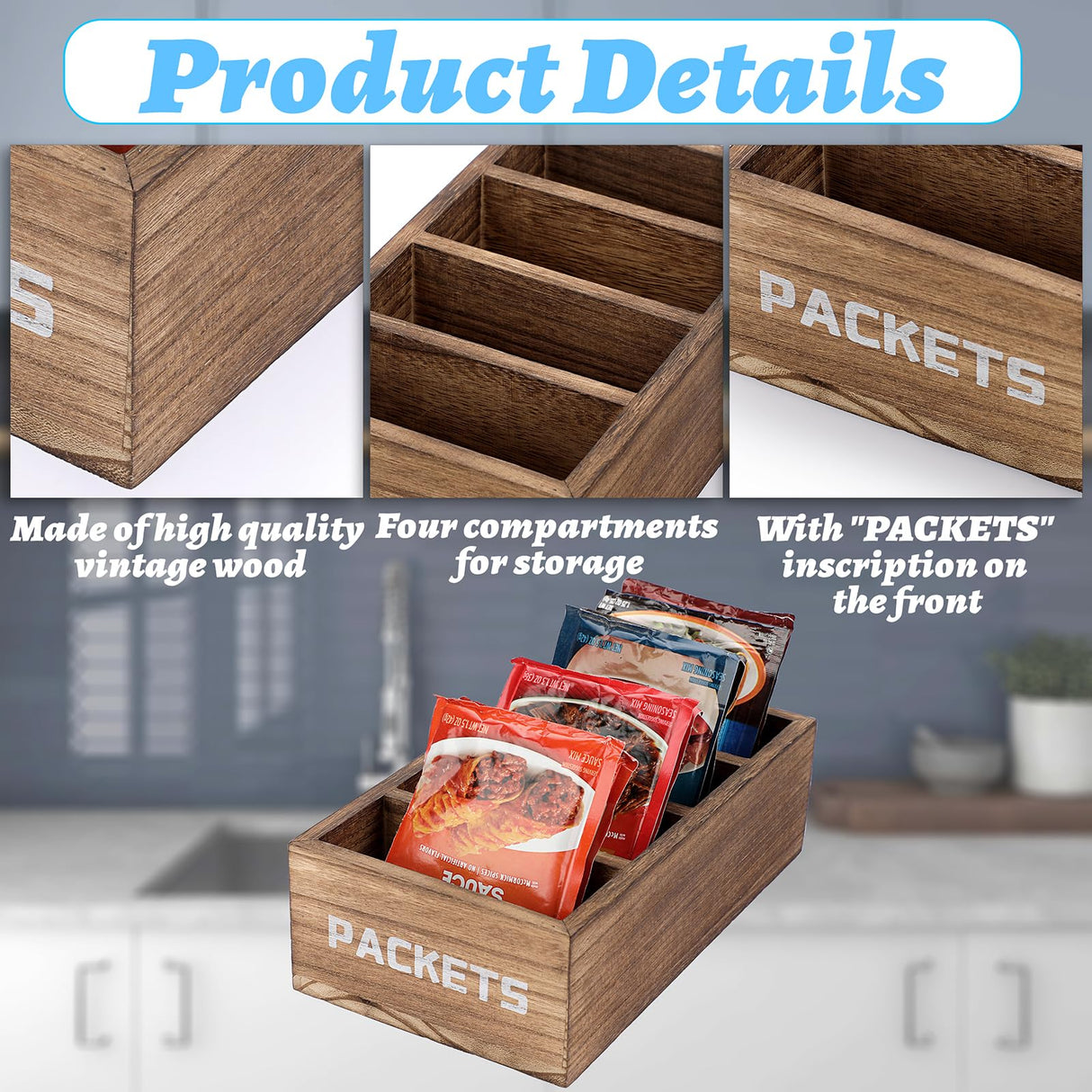 BSTKEY Seasoning Packet Organizer, Food Packet Storage Organizer with 4 Compartments, Wooden Storage Caddy for Kitchen Pantry Cabinet, Farmhouse Kitchen Organization Bins for Snacks Spice Packets BSTKEY