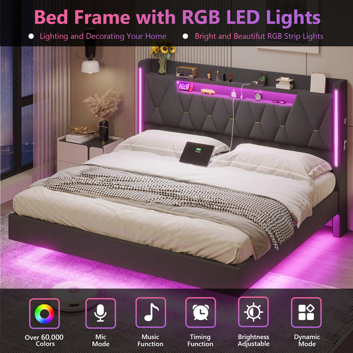 Floating Bed Frame King Size with LED Lights & Private Storage Headboard, King Floating Bed with Charging Station, Fabric Platform Bed, No Box Spring Needed, Noise-Free, Dark Gray BYSAUD