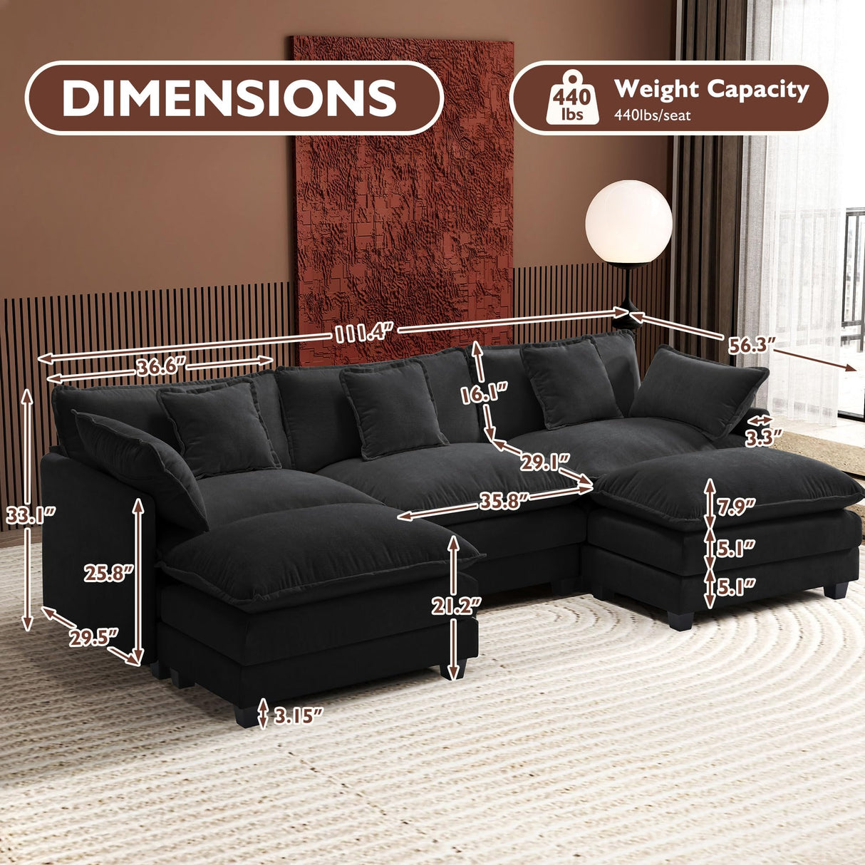 Ihanherry U-Shaped Modern Sofa 111.4" Modular Sectional Cloud Couch with 2 Ottoman, 5-Seat Chenille Deep Seat Sofa with 5 Pillows for Living Room, Black Ihanherry