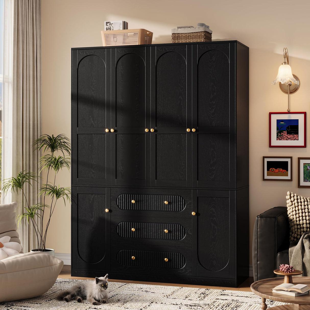 4 Doors Freestanding Armoire Wardrobe Closet, 72" Black Wardrobe Armoire Wooden Closet Large Capacity Storage with 3 Drawers & 3 Hanging Rod Shelves Clothes Organizer TOKSOM
