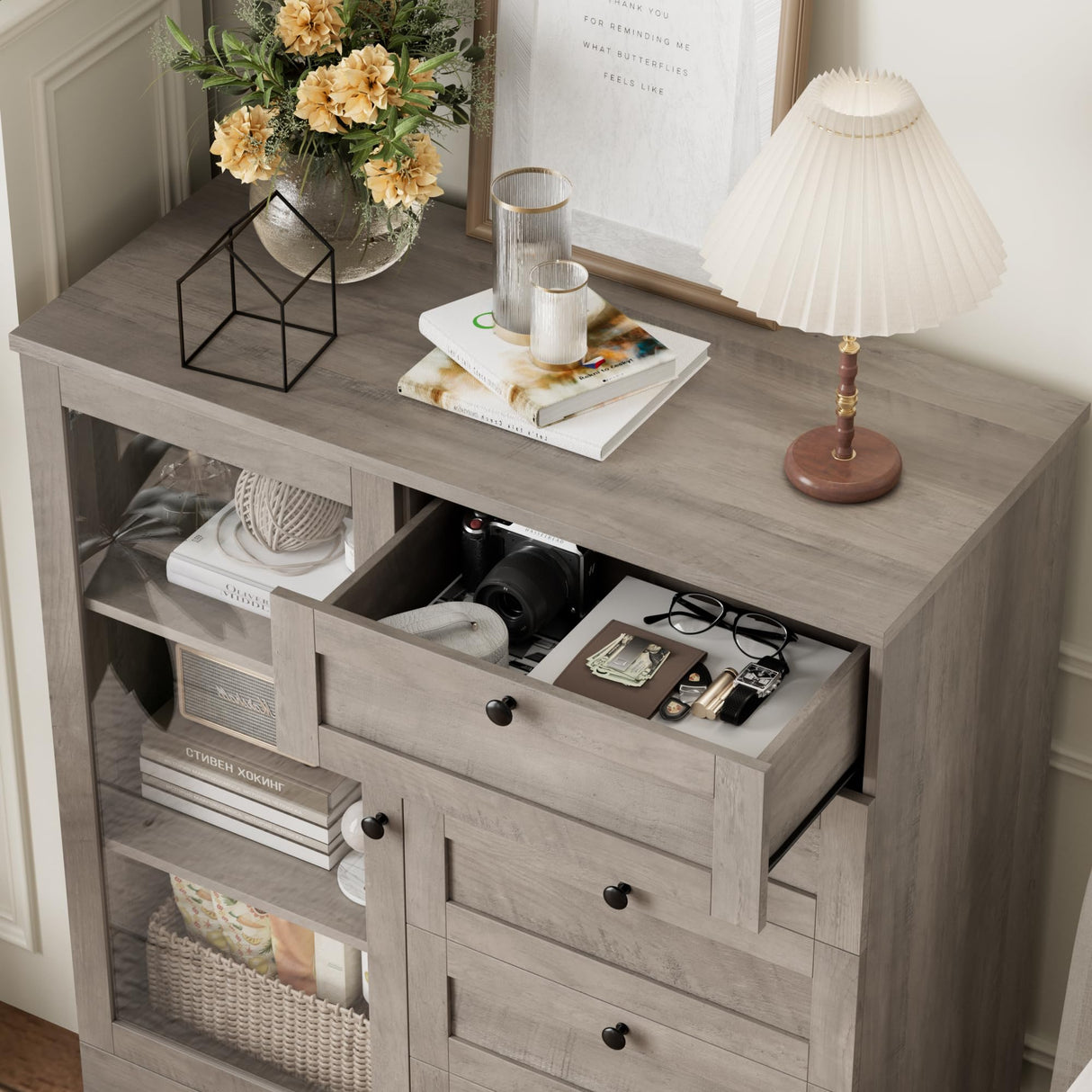 HOSTACK 5 Drawer Dresser with Door, Storage Cabinet with Drawers and Shelves, Wide Wood Dresser, Modern Chest of Drawers Organizers for Living Room, Kitchen, Hallway HOSTACK