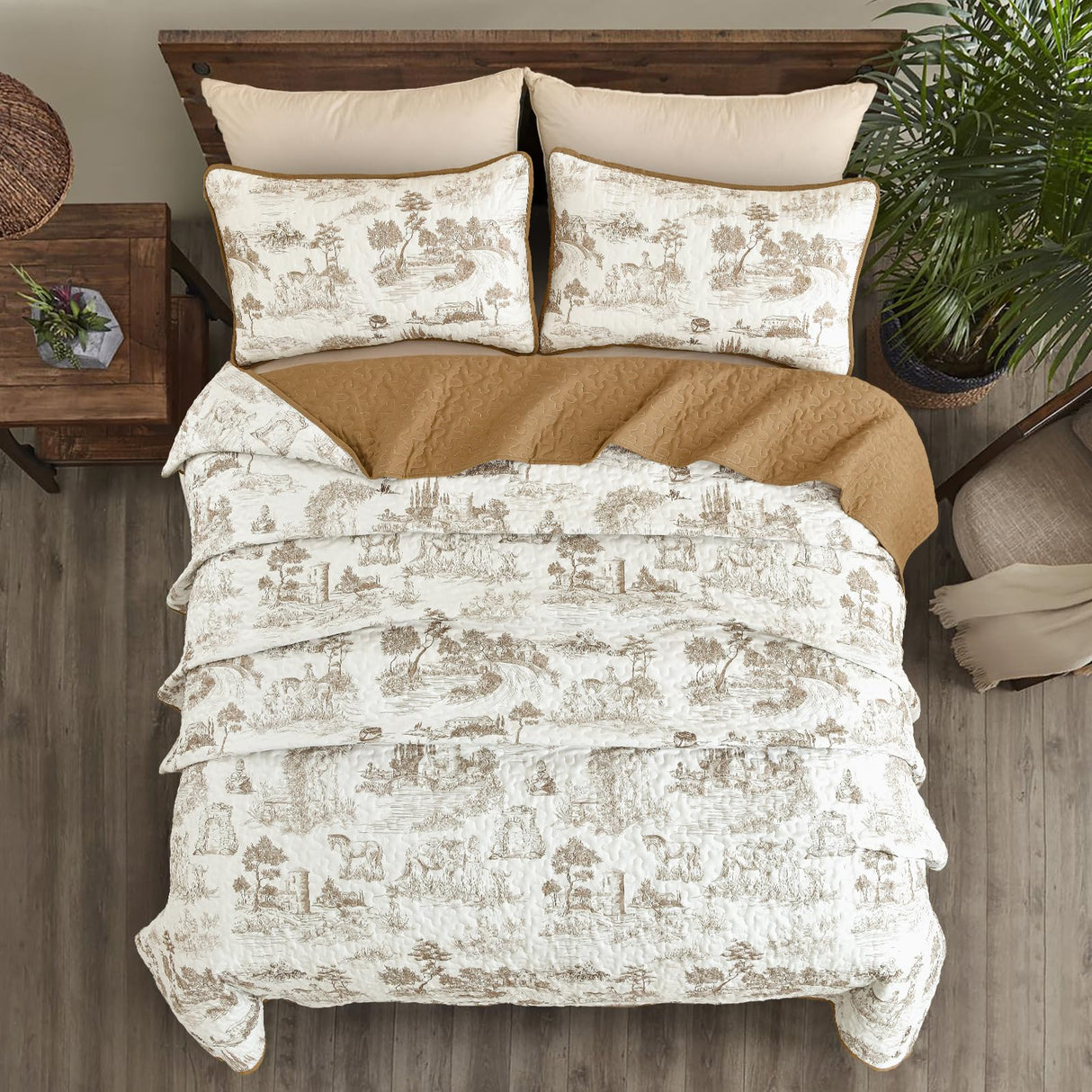 Drucon Khaki Quilt Set King Size, Toile Farmhouse Bedspreads, 3 Pieces Rustic Village Landscape Printed Coverlet, Soft Microfiber Quilt Bedding Set for All Season (106x90 Inch) Drucon