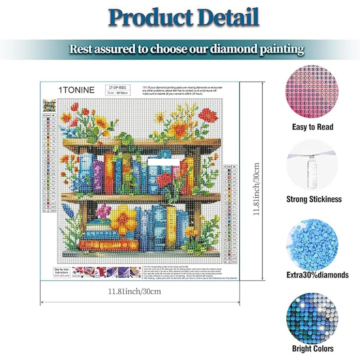 1tonine Flowers Bookshelf Diamond Art Painting Kits for Adults- 5D DIY Diamond dots for Beginners -Full Drill Round Diamond Gem Painting Kit Classroom Wall Art Decor Handmade Gift 1tonine