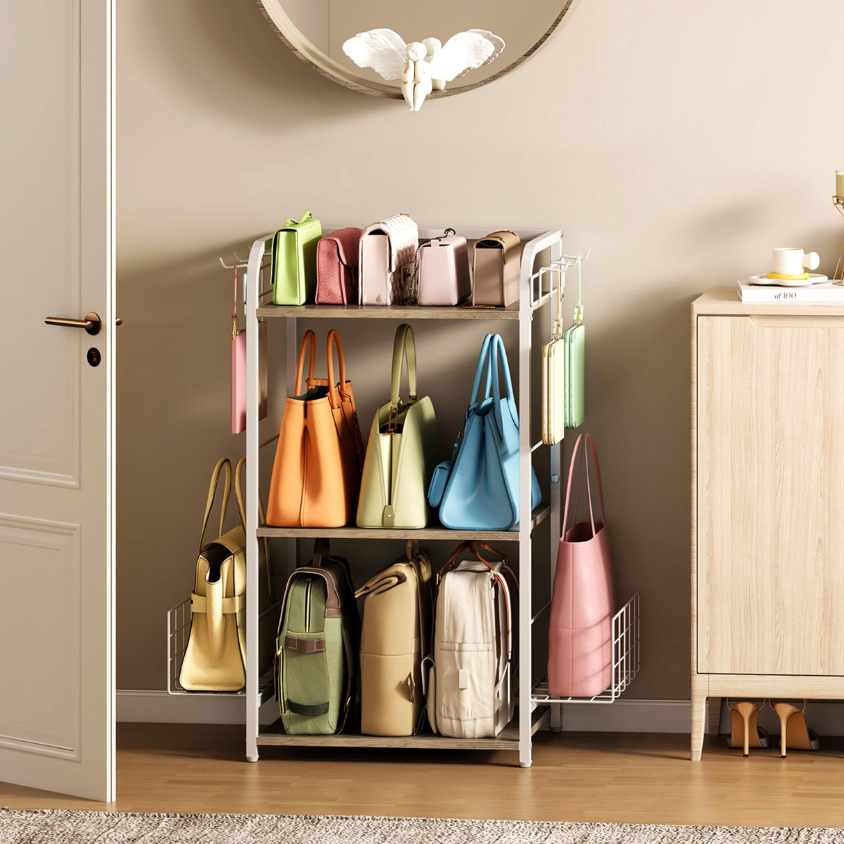 White Purse Organizer, 3-Tier Floor Standing Bag Rack Stand Featuring Side Hooks and Baskets, Adjustable Feets, High Capacity Metal & Wood Handbag Holder Design for Closet Storage, Patent Pending koozuuyk