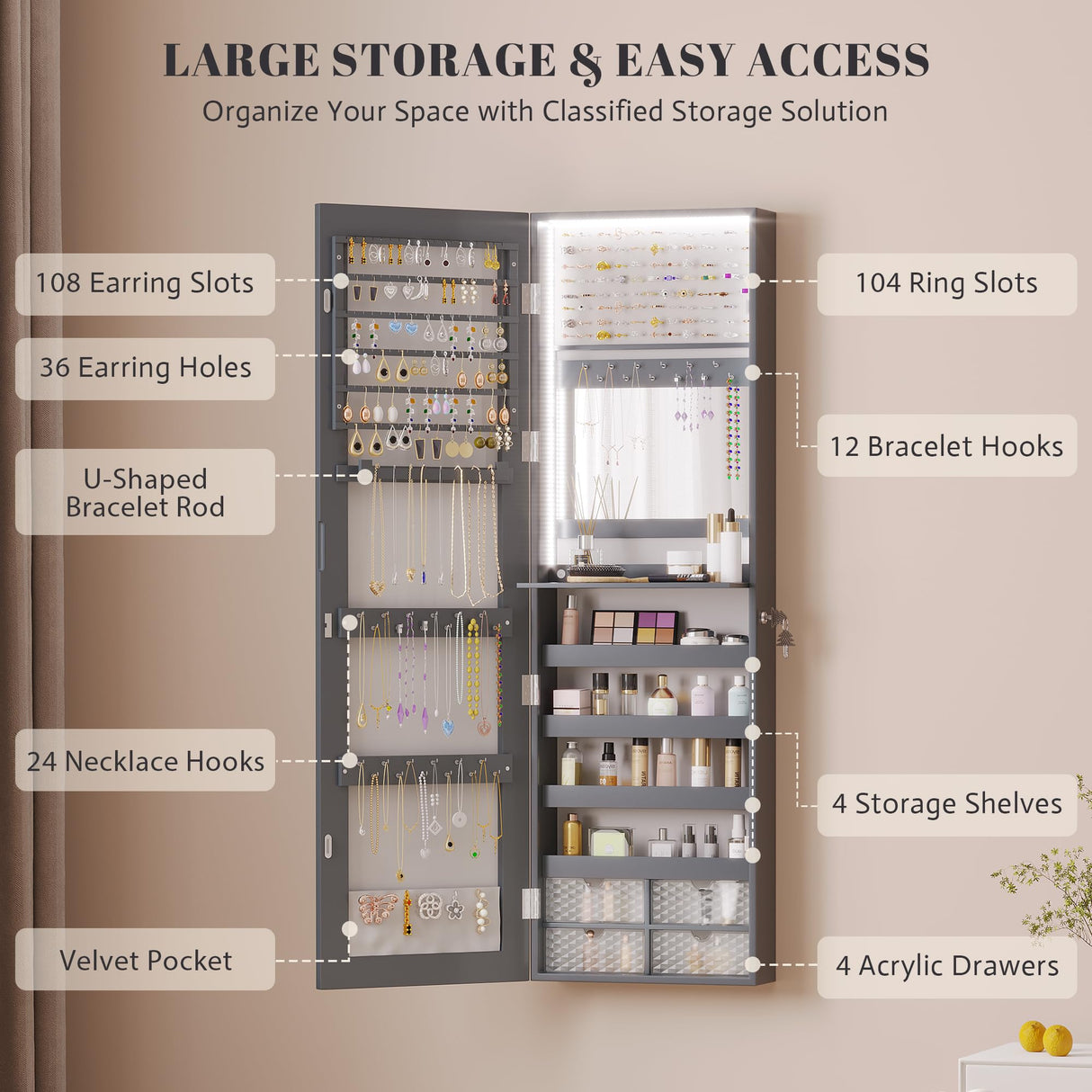 Vlsrka 47.2" LED Grey Jewelry Mirror Cabinet, Wall/Door Mounted Jewelry Armoire Organizer with Full-Length Mirror, Large Capacity Storage Hanging Cabinet, 4 Drawers, 5 Shelves, Built-in Lighted Mirror Vlsrka