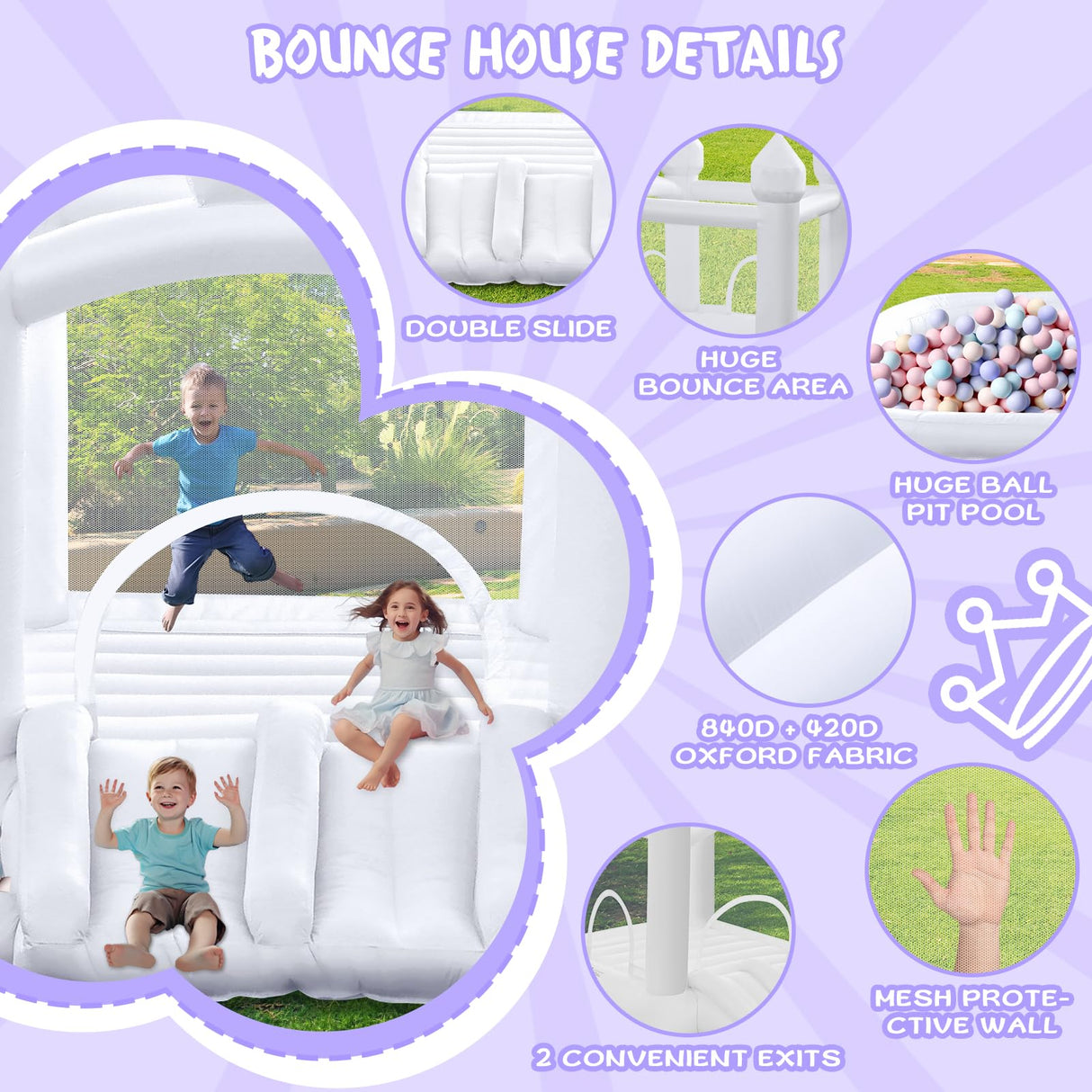 FINCOME White Bounce House, Inflatable Bounce Castle with Double Slide Ball Pit 370W Blower Bouncer for Toddler, Bounce House Bouncy Castle for Indoor Outdoor Backyard Wedding Kids Birthday Party FINCOME