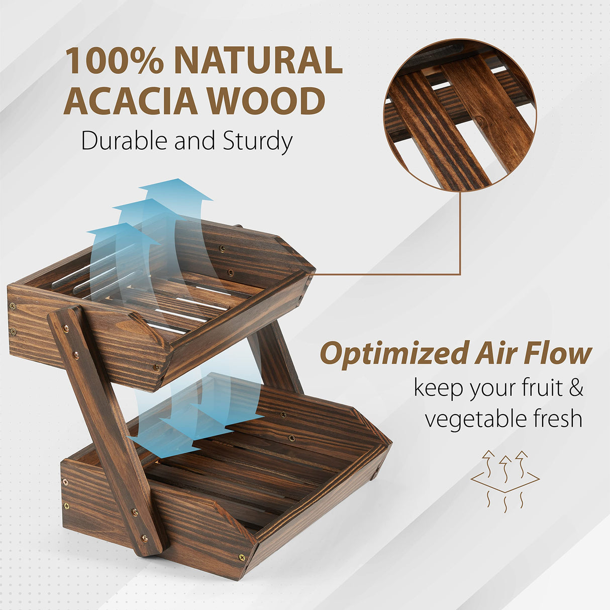 NAGAWOOD Large Capacity 2-Tier Wooden Fruit Basket, Durable Acacia Wood, 10.5" Tall, Spacious for Produce, Vegetables, Bread Storage and Home Kitchen Countertop NAGAWOOD