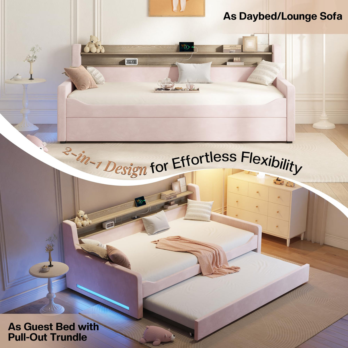 Jocisland Twin Daybed with Trundle, Upholstered Day Bed with Storage Headboard & Charging Station, LED Corner Bed Frame Furniture for Bedroom/Living Room/Guest Room,No Box Spring Needed, Velvet Pink Jocisland
