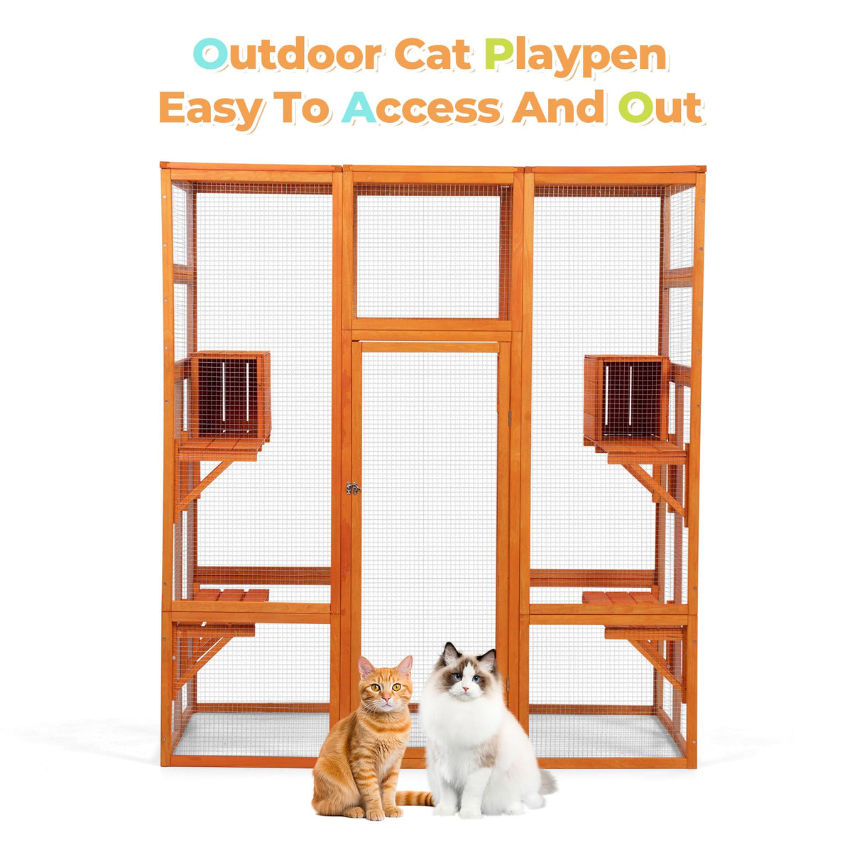 COZIWOW 70" Wooden Extra Large Outdoor Cat Cage Catio with Perche&Condo, Assembled Play Run Cat Enclosure Indoor Kitty Window Kennel with Waterproof Roof, 7 Platforms & 2 Resting Box(Orange) COZIWOW