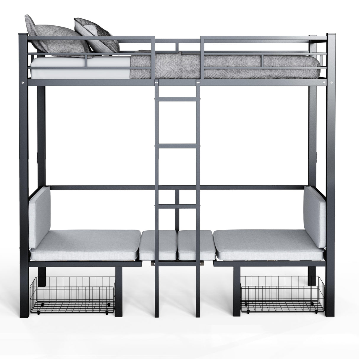 PVWIIK Twin Size Loft Bed with Desk for Dormitory,Living Room,Bedroom,Metal Bed Frame w/Wood Slats Support/Table Sets Transformable to Twin Over Twin Bunk Bed,Black(Cushion Not Included) PVWIIK