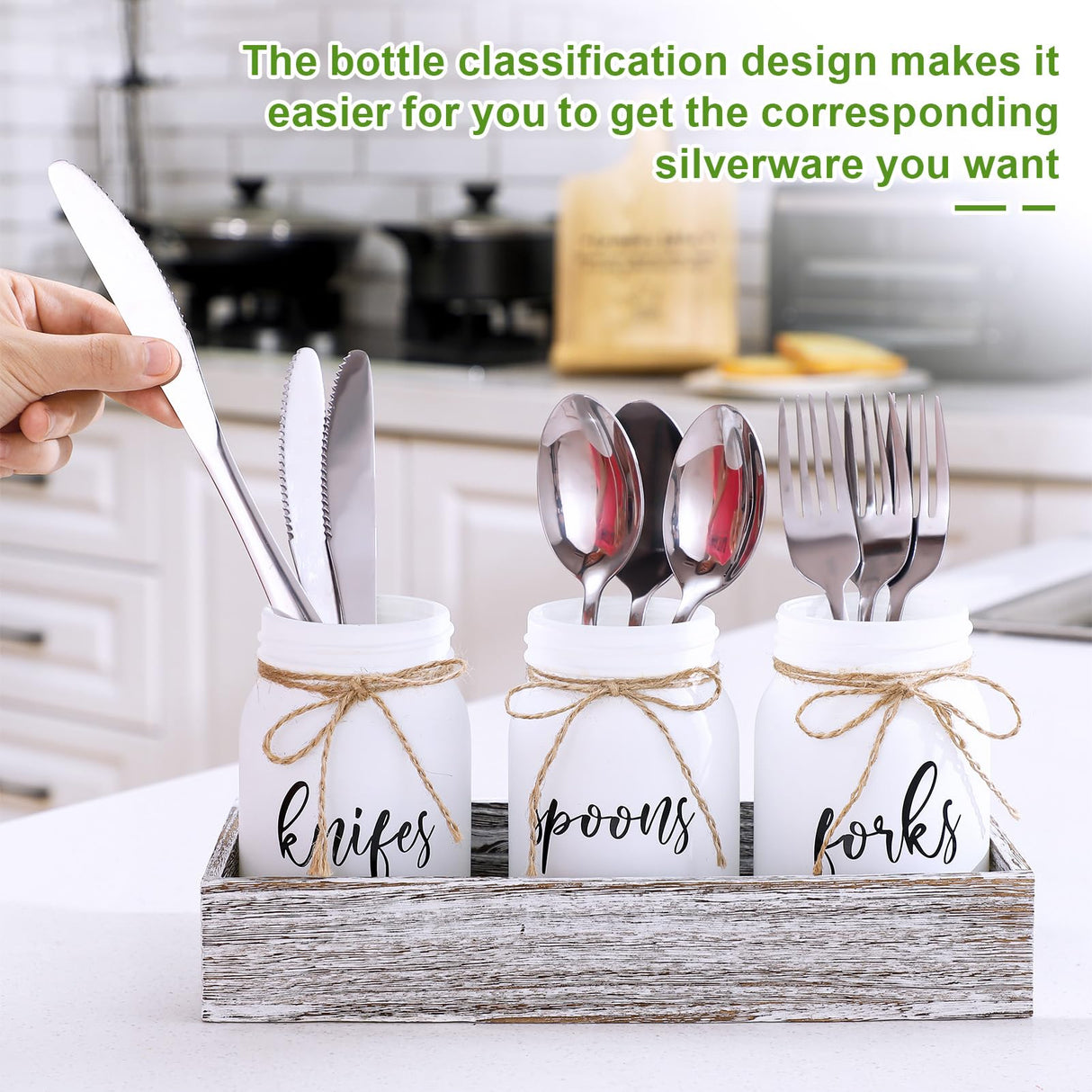Tiangrid 4 Pcs Silverware Utensil Holder Mason Jar with Wooden Utensil Organizer for Kitchen Countertop Forks Spoons Knives Storage White Farmhouse Kitchen Caddy Glass Cooking Decor for Party Tiangrid