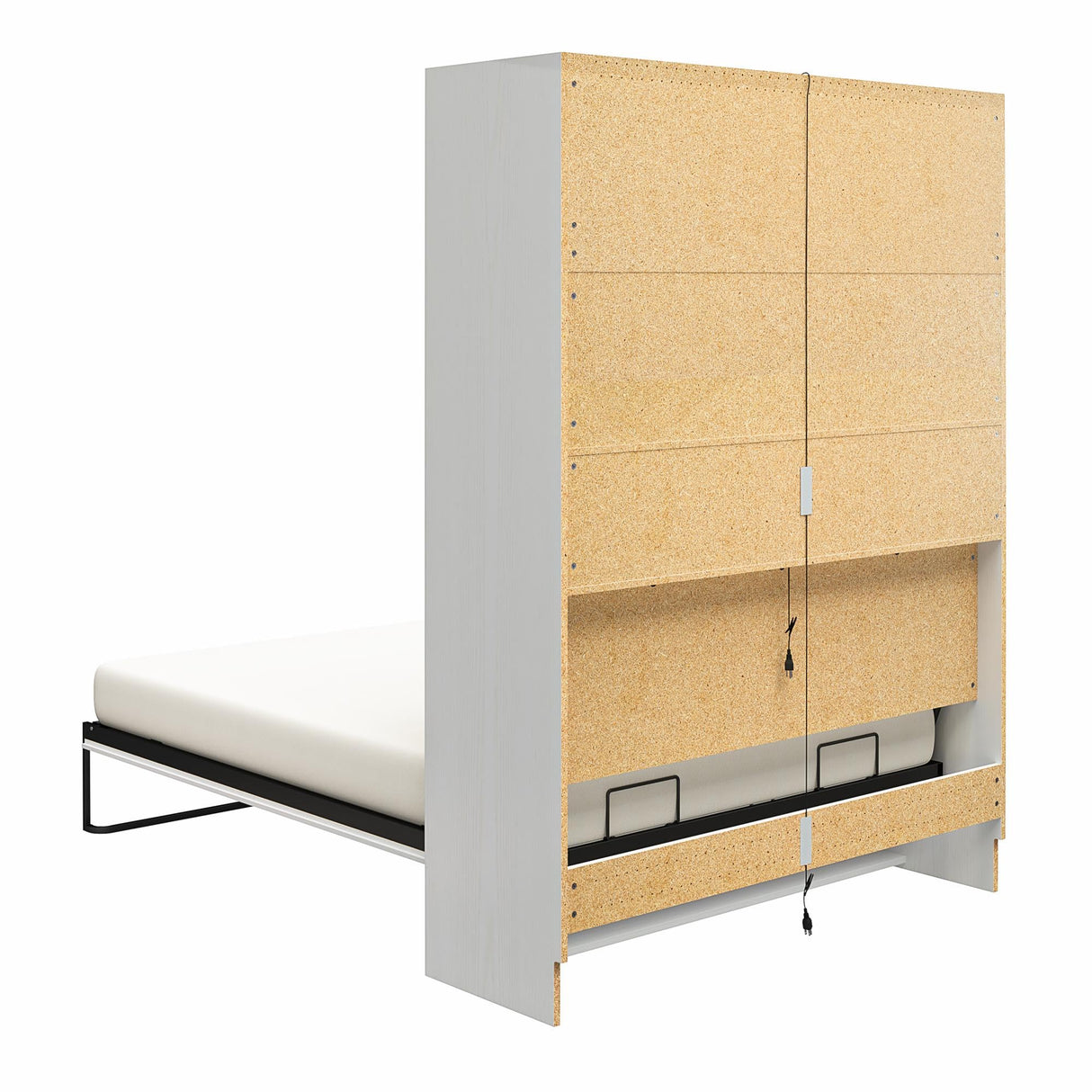 REALROOMS Radiance Queen Size Wood Murphy Bed with Gallery Shelf and LED Lighting, Space-Saving Fold-Out Wall Bed for Bedroom or Guest Room, White REALROOMS