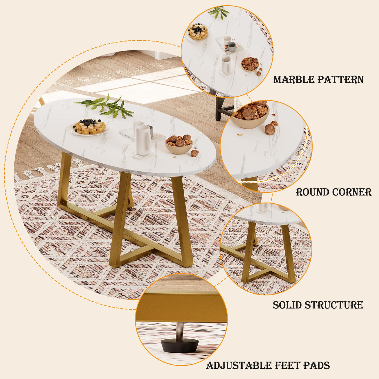 Wolawu Coffee Table White Faux Marble Coffee Table for Living Room,Oval Center Tables Modern Tea Table for Small Space,Wooden Living Room Tables End Table with Sturdy Gold Metal Leg Wolawu