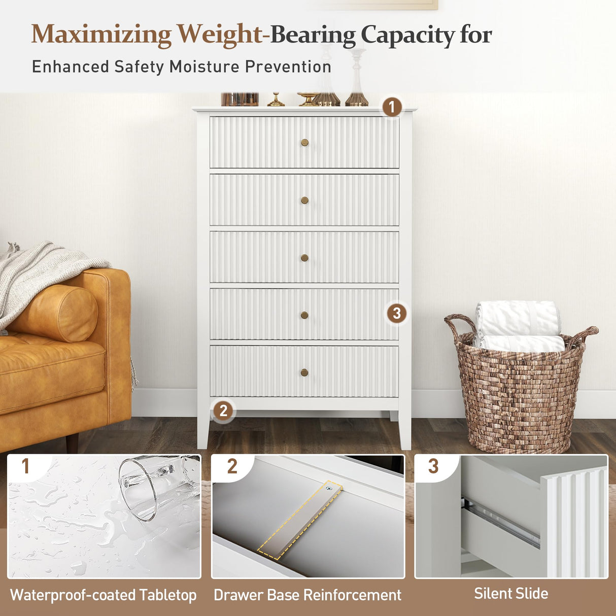 RoyalCraft White Fluted 5 Drawer Dresser for Bedroom, Tall Chest of Drawers with Ball Bearing Slide, Waterproof Lacquered Desktop,Modern Wood Storage Cabinet for Living Room RoyalCraft
