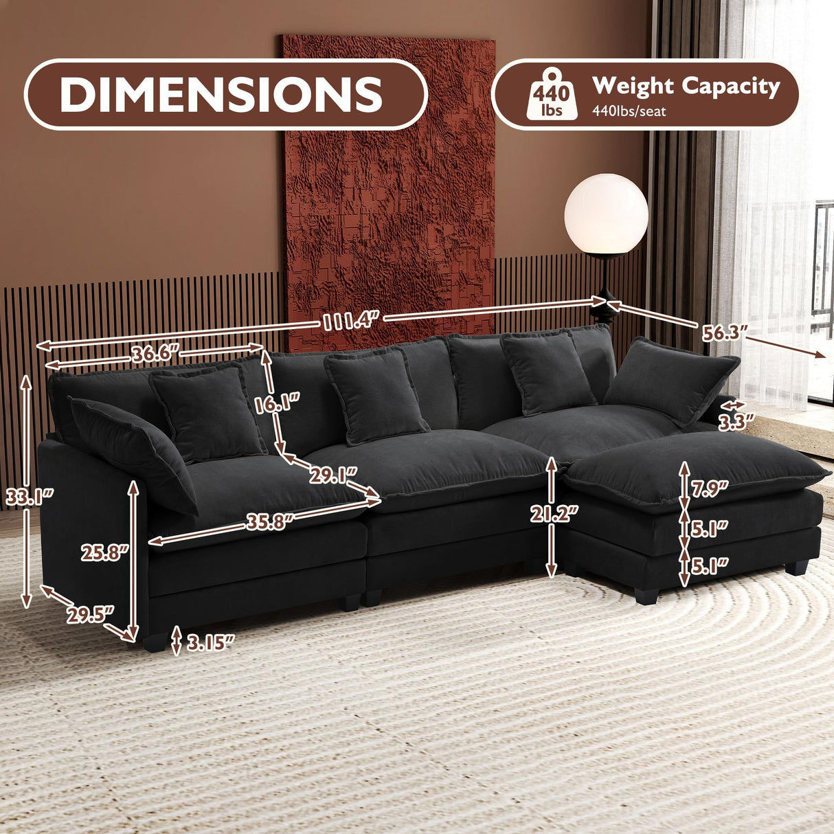 Ihanherry 111.4" L Shaped Modern Sofa Modular Sectional Cloud Couch with Ottoman, 4-Seat Chenille Deep Seat Sofa with Pillow for Living Room, Bedroom and Apartment, Black Ihanherry