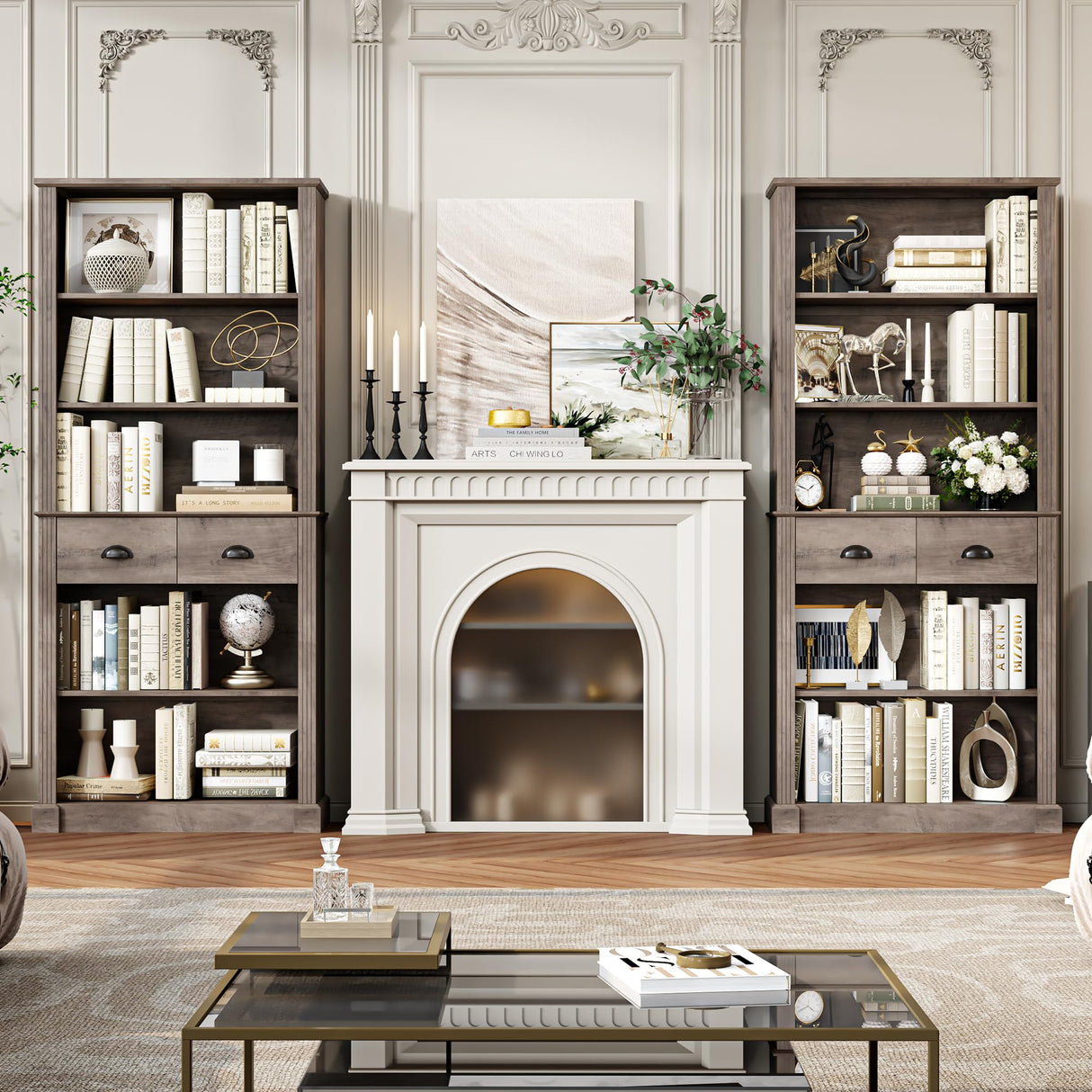 FACBOTALL 72" Farmhouse Bookshelf and Bookcase with Storage, Tall Bookshelf with Drawers, 5 Tier Book Shelf with Storage, Wood Display Shelves for Home Office, Study, Wash Gray FACBOTALL