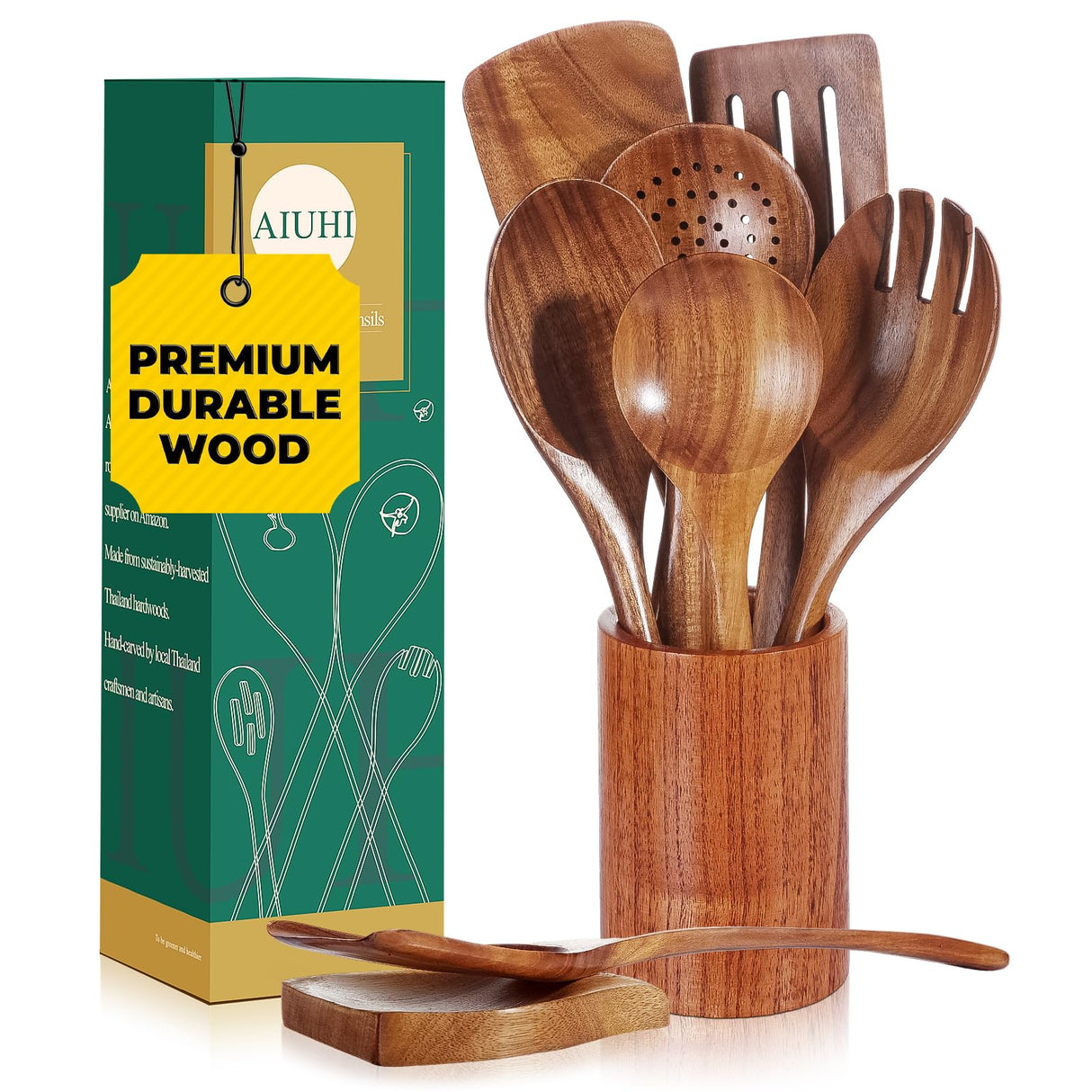 Natural Solid Teak Wooden Cooking Utensils for Nonstick Cookware, Wooden Kitchen Utensils Set Includes Spoons, Spatulas, Strainer Spoon, Salad Fork with Holder and Spoon Rest (9PCS) AIUHI
