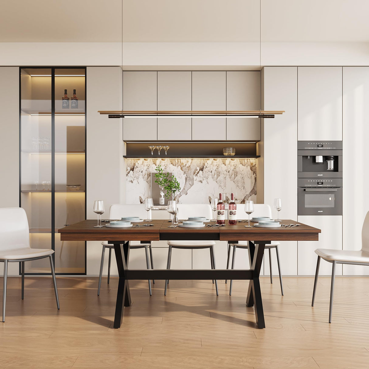 Aimery 59"-76" Extendable Dining Table for 4-8 Person, Space-Saving Extra Long Transformer Table with Extension Leaves Holder, Walnut Aimery