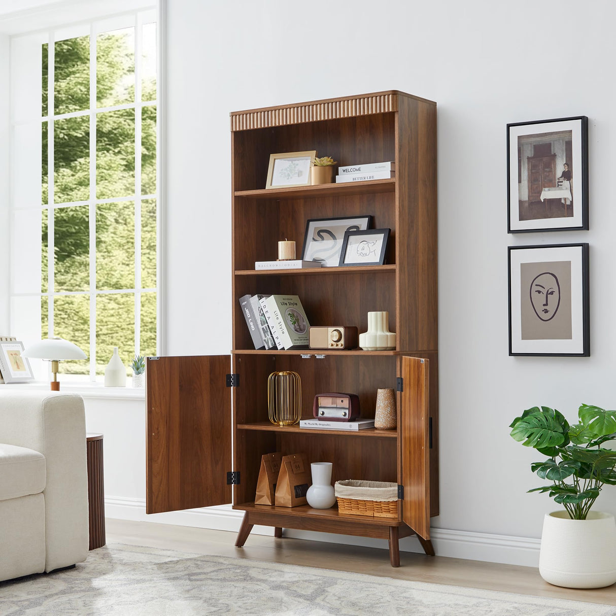 68" Fluted Tall Bookcase with Storage Cabinet,Mid-Century Modern 5-Tiers Arched Bookshelf Cabinet with Doors, Arched Bookcase with Open Display Storage Shelf for Home Office Bedroom Living Room,Walnut XUZENEST