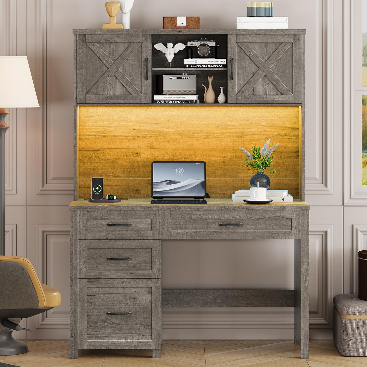 Farmhouse 67" H Executive Desk with Hutch, 4 Drawers and LED Light, Computer Desk with Storage Cabinet & File Drawers and Charging Station, Workstation for Home Office and Study. Befrases