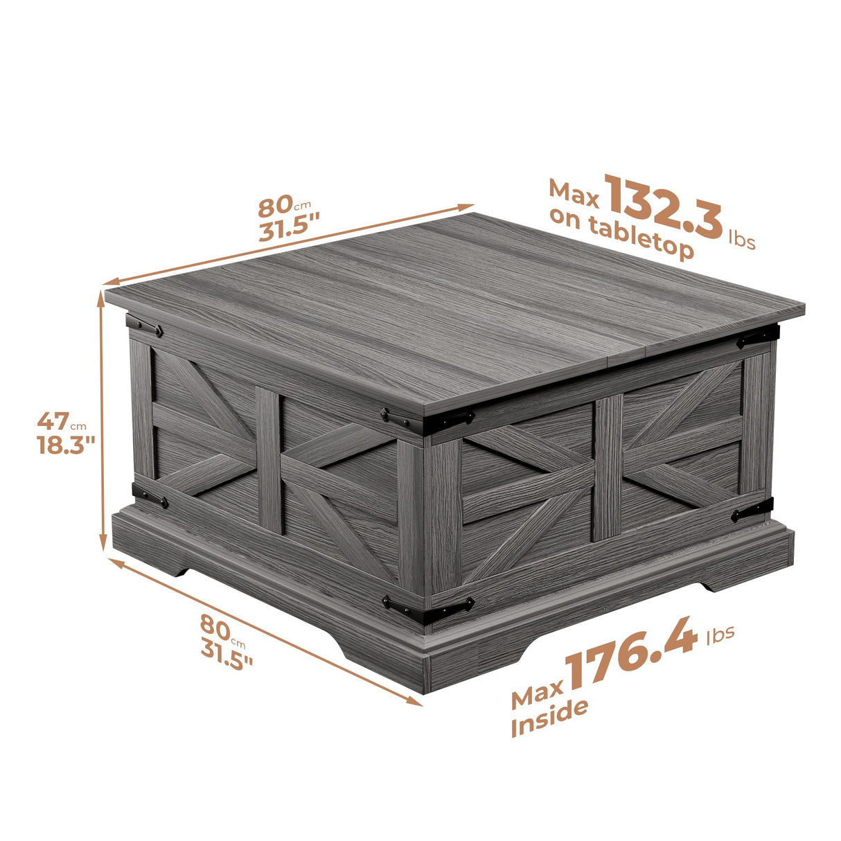 VVFLU Farmhouse Coffee Table with Storage, Square Center Table for Living Room, Rustic, Hinged Lift Top Soft Close, Wood, Large Hidden Storage, Modern, Metal Corner, Grey VVFLU