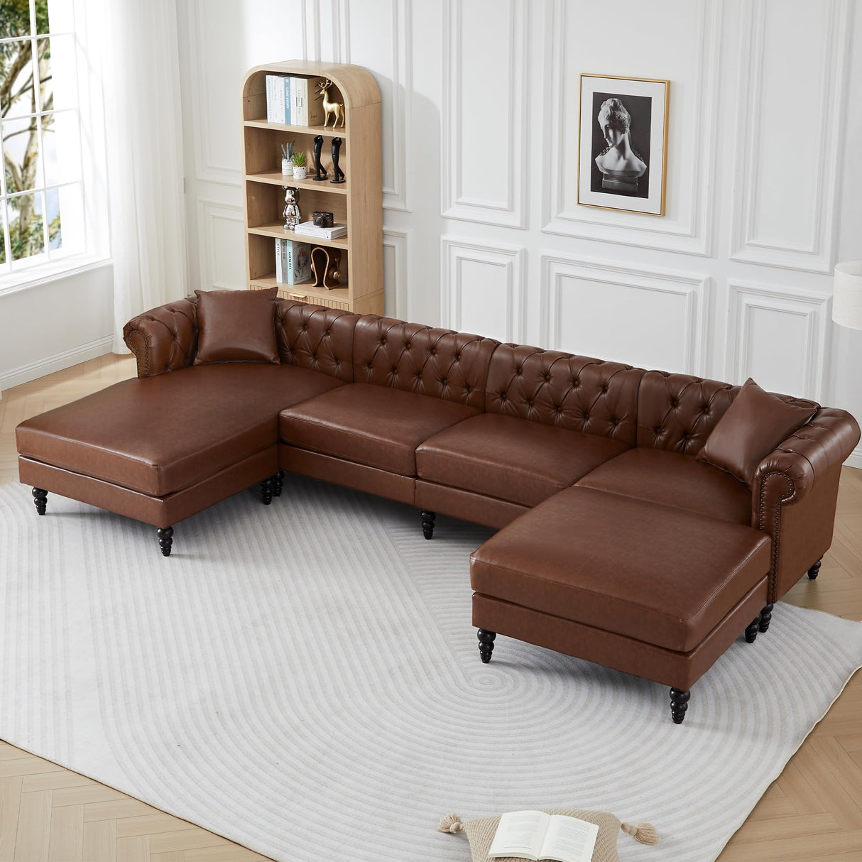 U Shaped Chesterfield Sofa, Oversized Sectional Faux Leather Couch, Chaise Ottoman Sofa Upholstered Accent Tufted Couch with Rolled Armrest and Nailhead for Living Room, Office - Brown ORRD