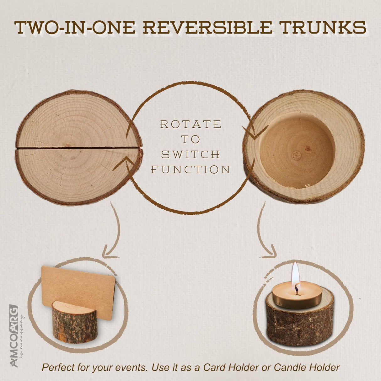 10 Pcs Wood slices for centerpieces 6-8 Inch, with 10 Versatile Candle Holders and Card Holders,and 20 Cards. Rustic wooden centerpieces for table for weddings,baby showers,DIY,crafts, party,home deco AMCOARG