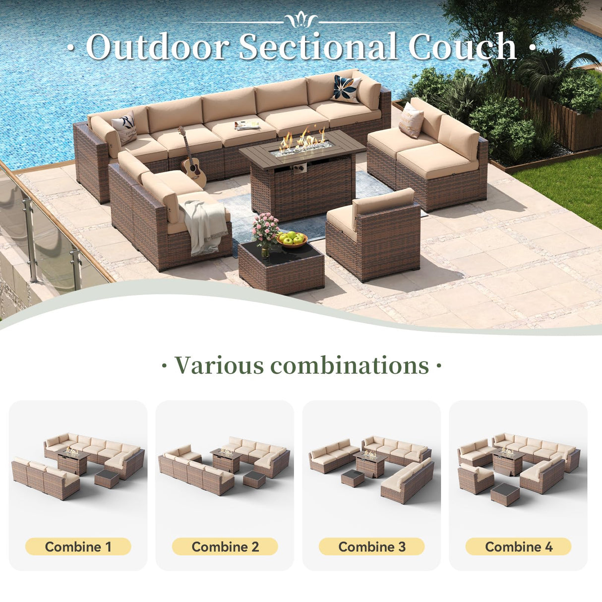 Aoxun 12 Piece Patio Furniture Set with 44” Fire Pit Table Wicker Rattan Outdoor Sectional Sofa Set with Coffee Table and Thickened Cushions, Beige (Waterproof Cover Included) Aoxun