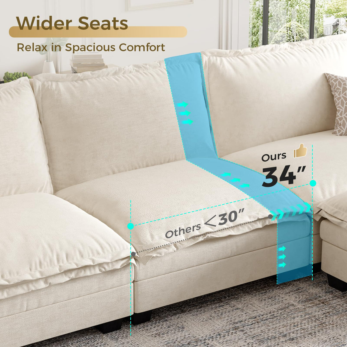 KKL J-Shaped Modular Sectional Sofa, 5 Seater Cloud Couch with Ottoman, Chenille Sectional Couches for Living Room, Apartment, Beige KKL