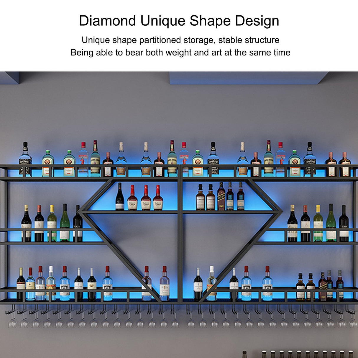 Wine Rack Wall Mounted Bar Shelves with Hanging Wine Glass Holder Rack and LED Light Liquor Bottle Display Shelf Floating Bar Shelves Whiskey Shelf Kitchen Wall Cabinet for Home Bar Cafe Dining Room ( JOSIAHCQ