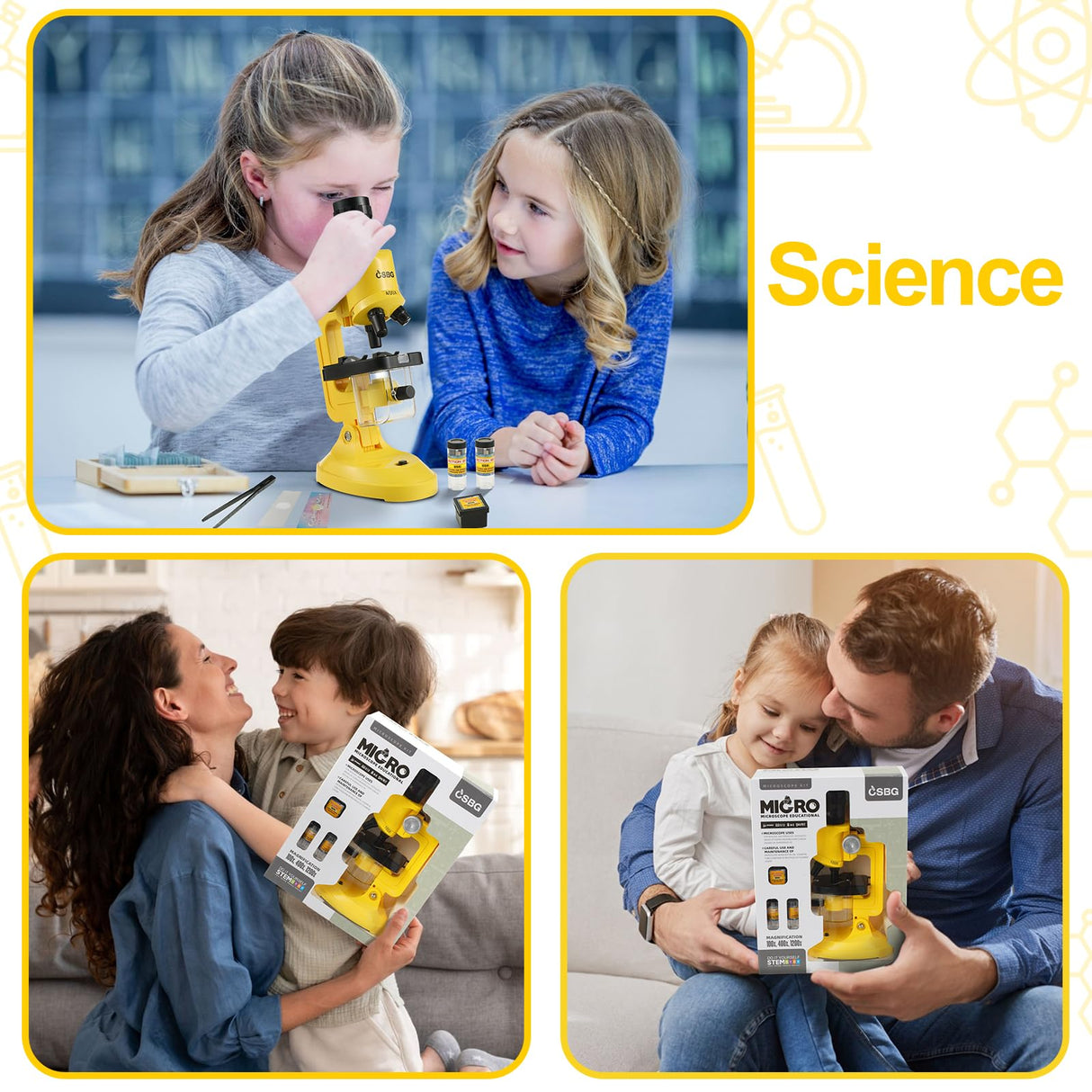Science Kits for Kids Beginner Microscope with LED 100X 400X and 1200X-Include Sample Prepared Slides 12pc- Educational Toy Birthday Gift Yellow Little World