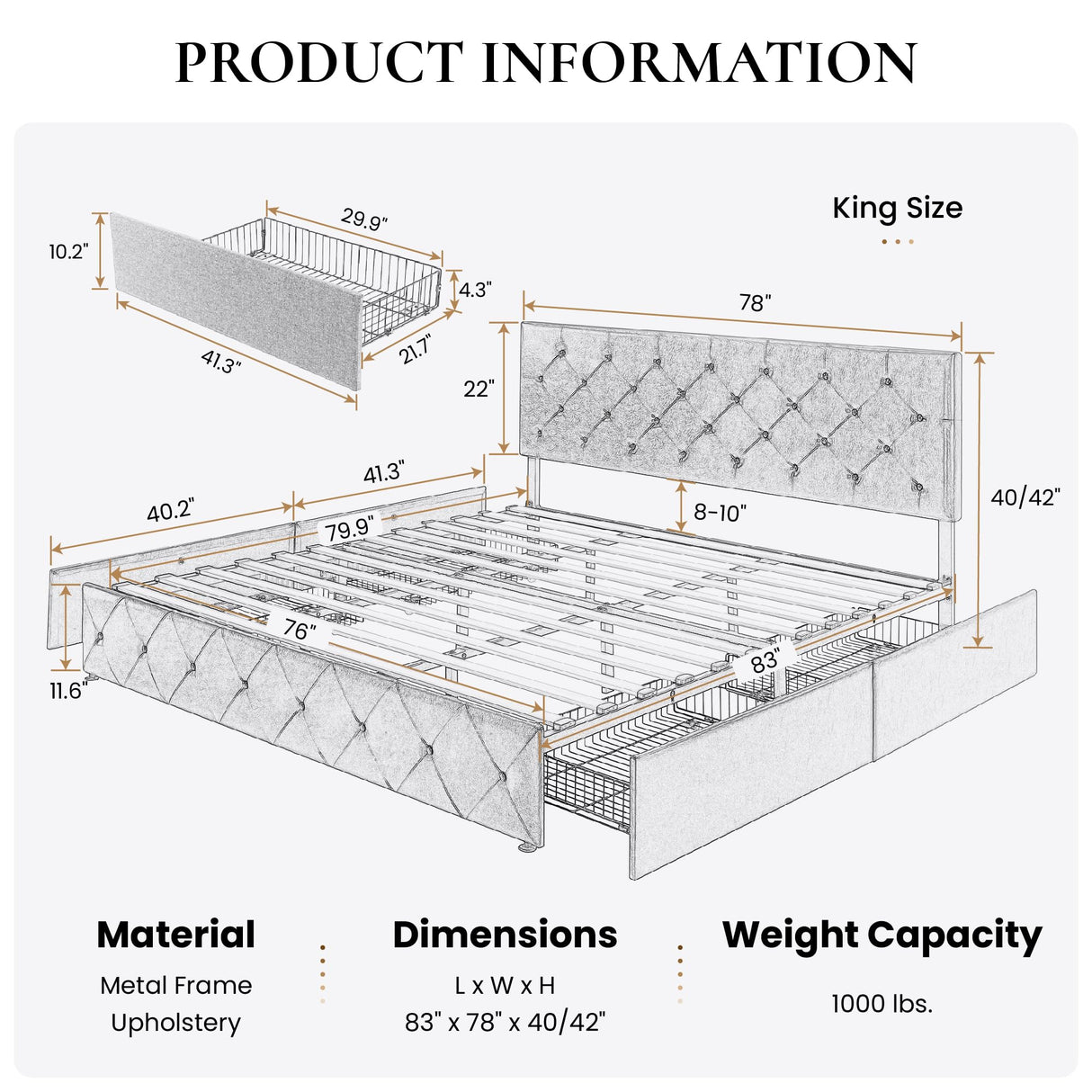 SHA CERLIN Upholstered King Size Platform Bed Frame with 4 Storage Drawers, Adjustable Headboard with Diamond Stitched Button Tufted Design, Wooden Slat Support, No Box Spring Needed, Black Brown SHA CERLIN