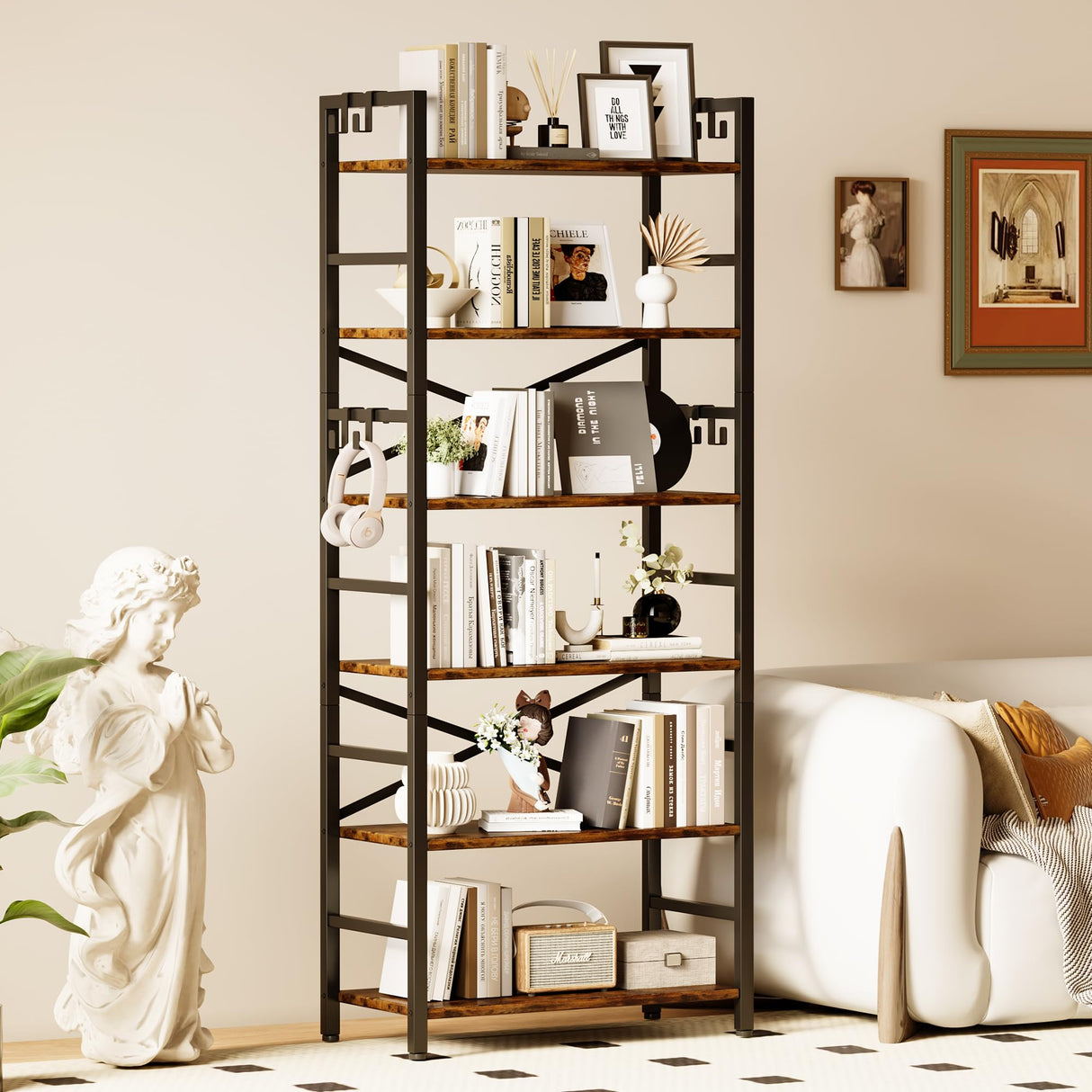 6 Tier Bookshelf, Industrial Bookcase with 8 Hooks, Vintage Storage Rack with Open Shelves, Rustic Standing Bookshelves Metal Frame Display Rack for Living Room, Bedroom, Rustic Brown Homeiju