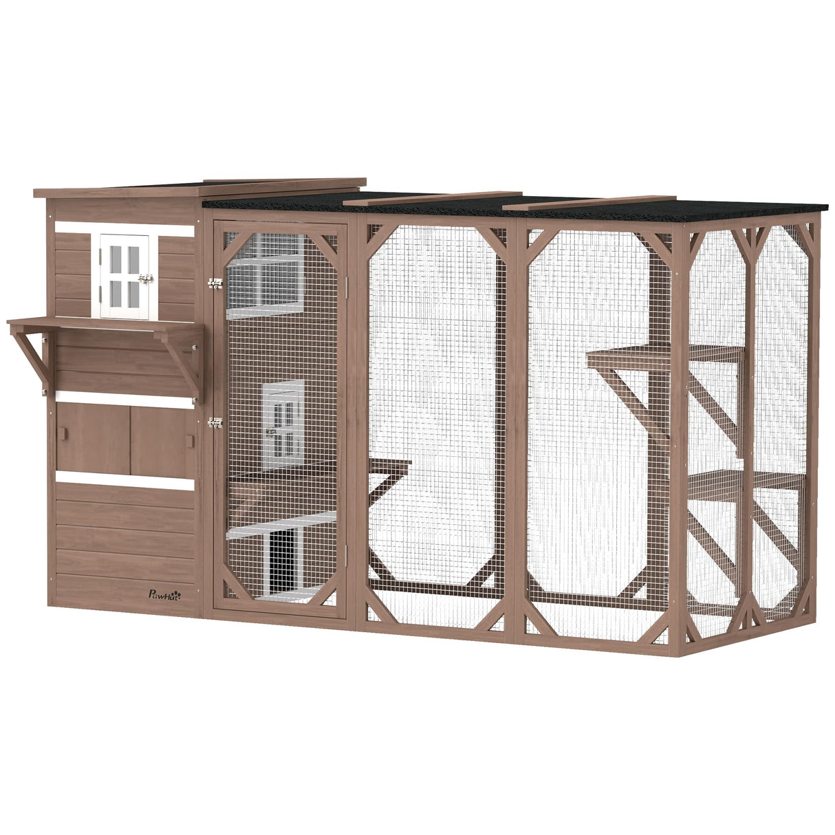 PawHut Outdoor Cat Catio, Large Wood Cat House Enclosure with Multi-Level Design, Weatherproof Roof, Big Hiding Areas, Multiple Platforms, Resting Box, Brown PawHut