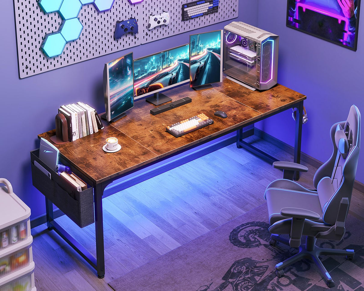 ODK Computer Desk Large Office Desk, 63 Inch Gaming Desk with Storage, Modern PC Desk Work Table with Headphone Hook for Home Office, Splice Board, Rustic Brown ODK