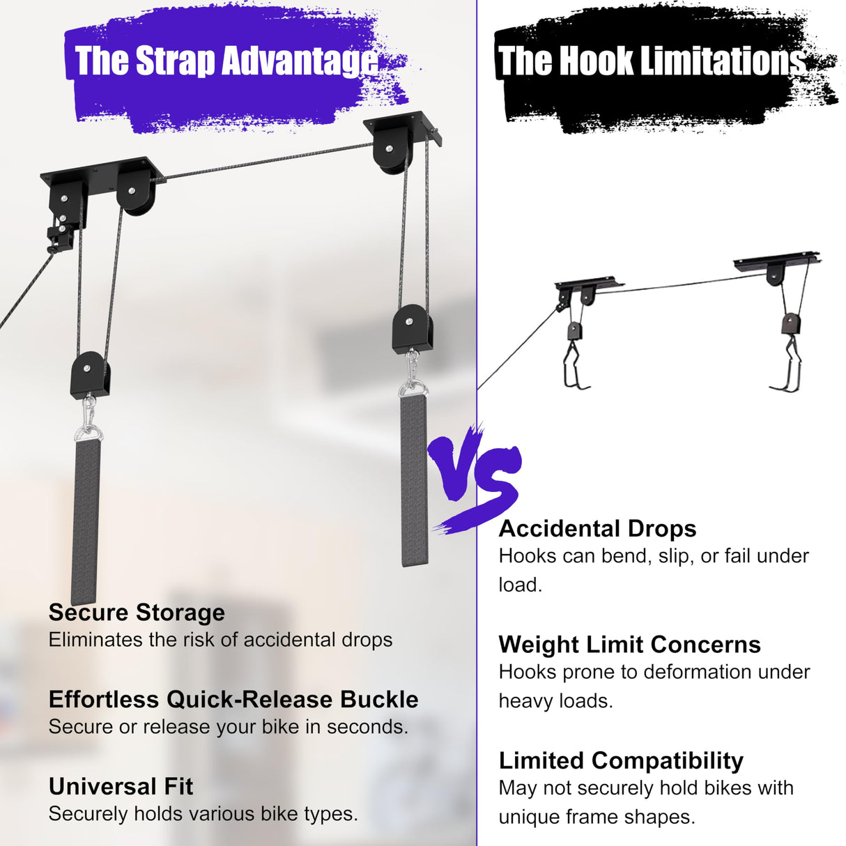 TRUSOON Bike Hoist, Heavy Duty Ebike Lift Pulley System for Garage Ceiling Overhead Storage for Bicycle, Ladders, Snowboard, Holds Up to 85 lbs Capacity, Fit 10-16 Foot High Ceilings TRUSOON