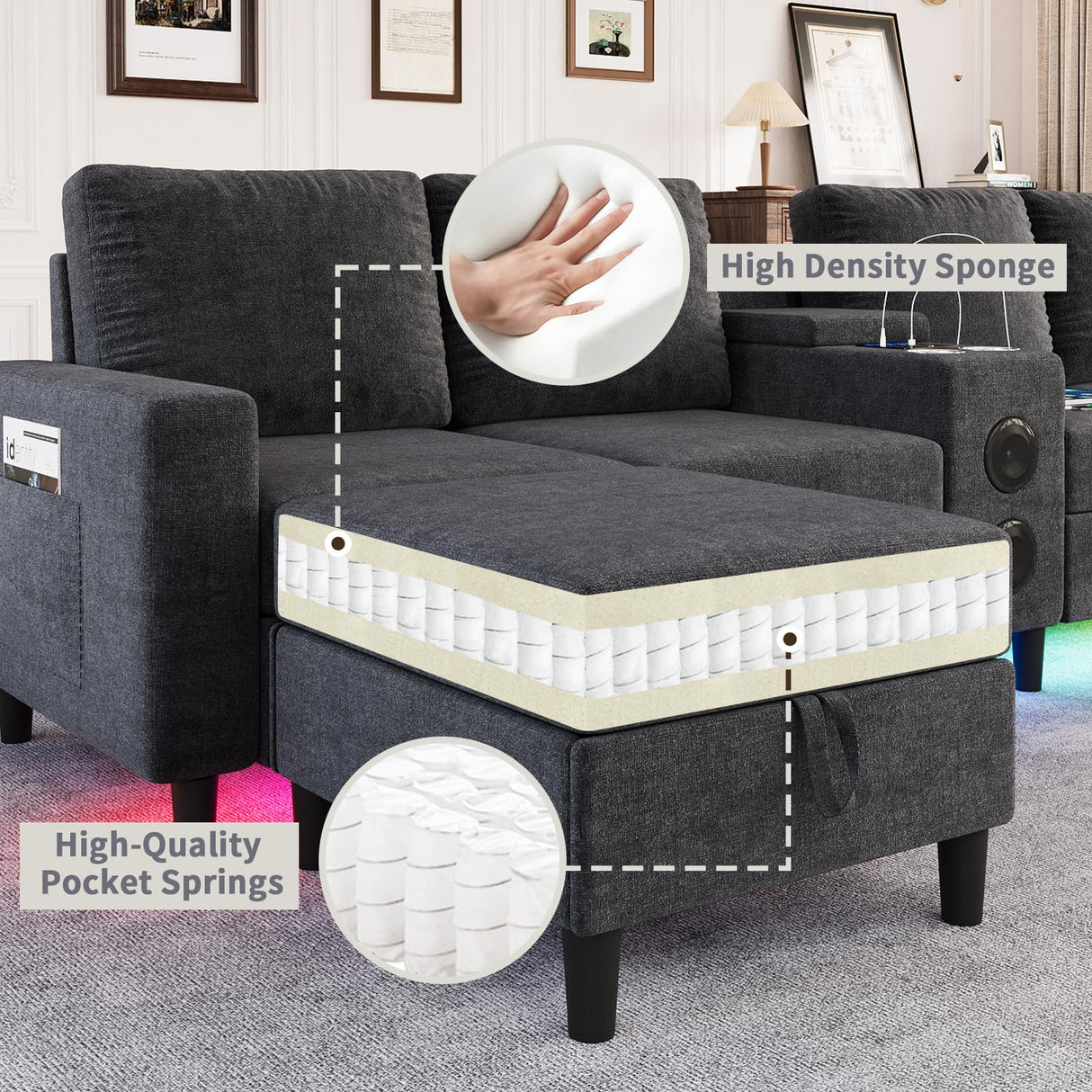 ZSDT Sectional Couches for Living Room, 6 Seat Sectional Sofa Smart Module-Bluetooth Speaker/RGB Light/Charging Station, Chenille U Shaped Couch with 2 Movable Storage Ottomans (Dark Grey) ZSDT