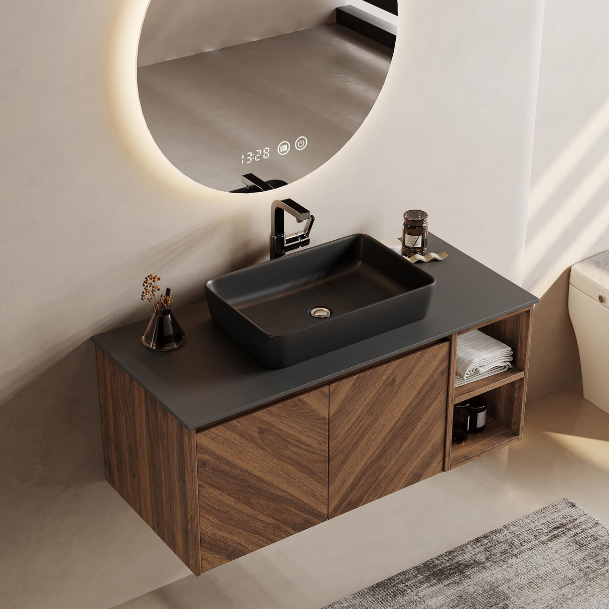 FHKJ 36 Inch Floating Bathroom Vanity with Sink Combo, Modern Wall Mounted Vanity Bathroom Storage Cabinet with Sintered Stone Top Ceramic Basin, Open Shelf FHKJ