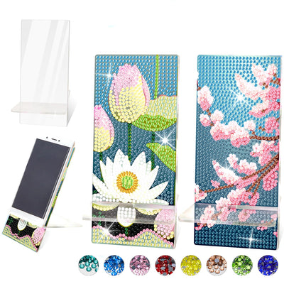NUFTVI 2 Pack Diamond Painting Phone Holder Kits, 5D Full Crystal Diamond Art Phone Holder& Mirror Craft Kits Gift for Beginner/Adult (Lotus and Cherry Blossom)