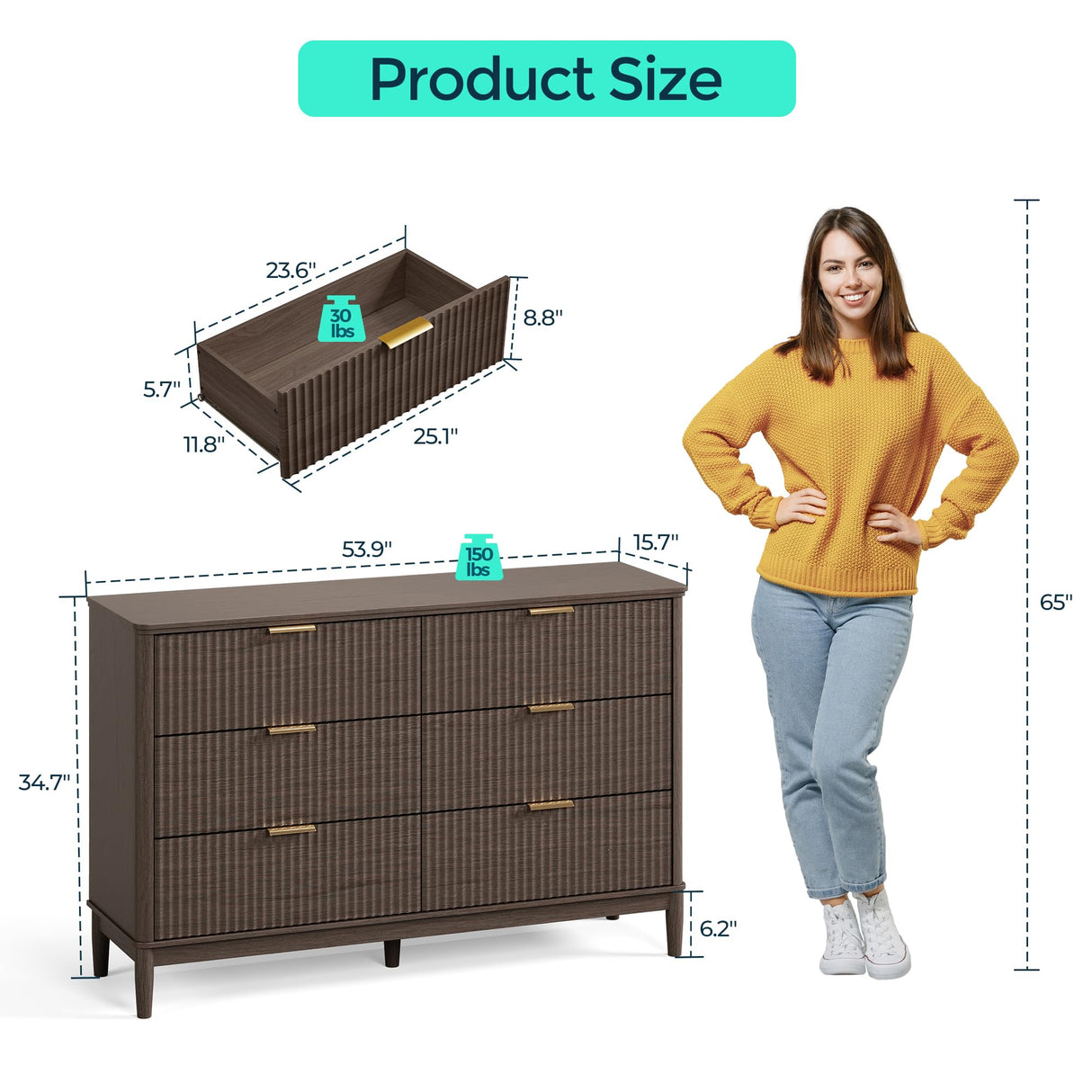 LINSY Fluted Dresser for Bedroom with 6 Drawers, Mid Century Modern Chest of Drawers with Gold Metal Handles, Wide Boho Wood Dressers, Large Farmhouse Storage Cabinet for Bedroom, Living Room, Walnut LINSY