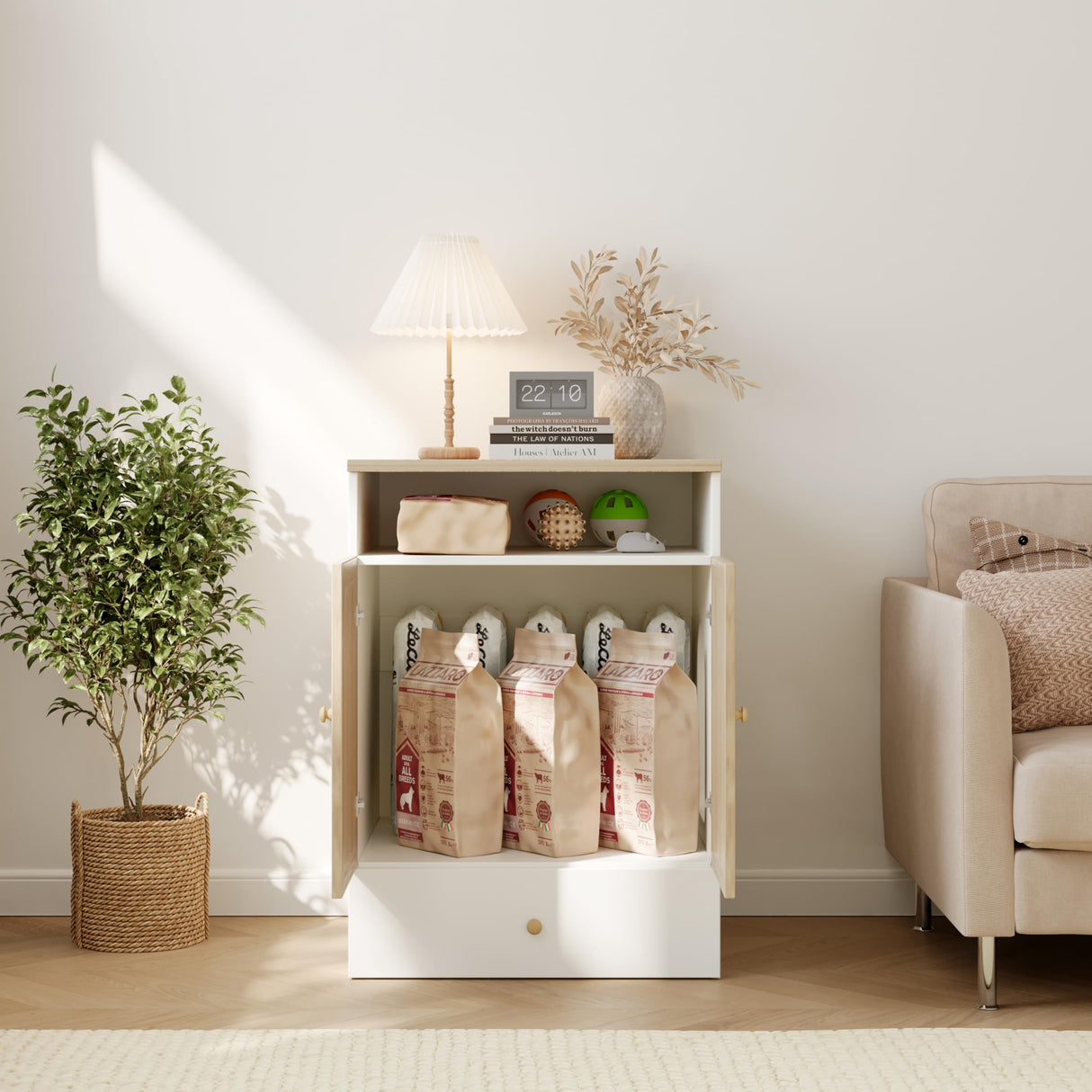 Cat Litter Box Enclosure Furniture Hidden - Indoor 3-in-1 Wooden Cat House & Washroom Cabinet with Scratching Board Doors, Shelf and Feeder Bowls, 23.6”x17.7”x32.7”H Faceket