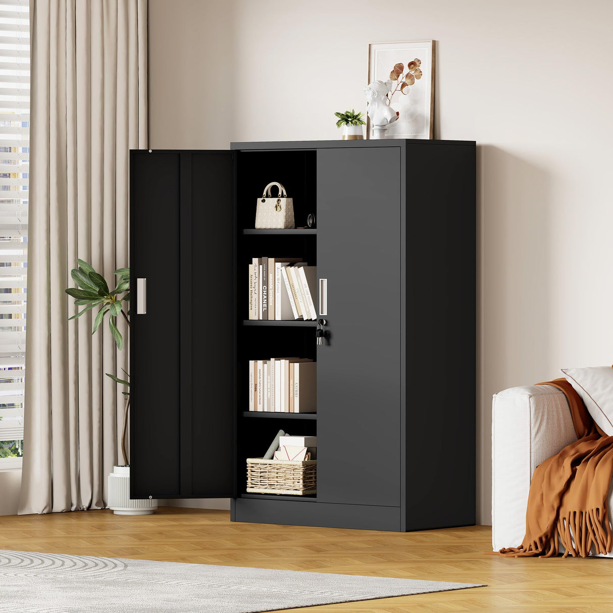 JINKUR Metal Storage Cabinet with Locking Doors and 3 Adjustable Shelves, Lockable Storage Cabinets for Home Office Garage Kitchen Pantry (Black) JINKUR