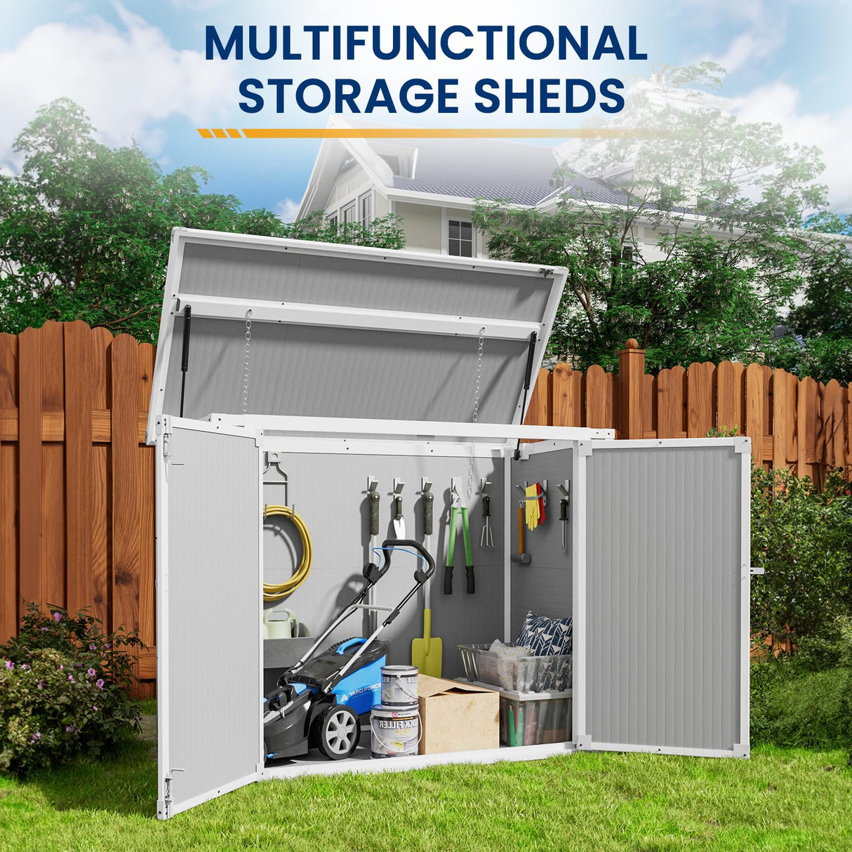 Amopatio 41 Cu Ft Outdoor Storage Shed, Horizontal Resin Trash Can Storage, Weather Resistance, Storage Box with Floor Included for Garden Tools, Lawn Mowers, Garbage Cans, Patio Use, Sandstone Amopatio