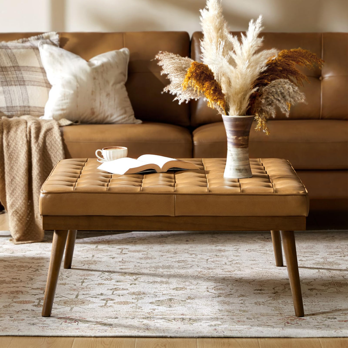HULALA HOME Genuine Leather Square Coffee Table, Button Tufted Upholstered Ottoman Coffee Table with Solid Wooden Flared Legs, Mid-Century Modern Extra Seating for Living Room, Camel HULALA HOME