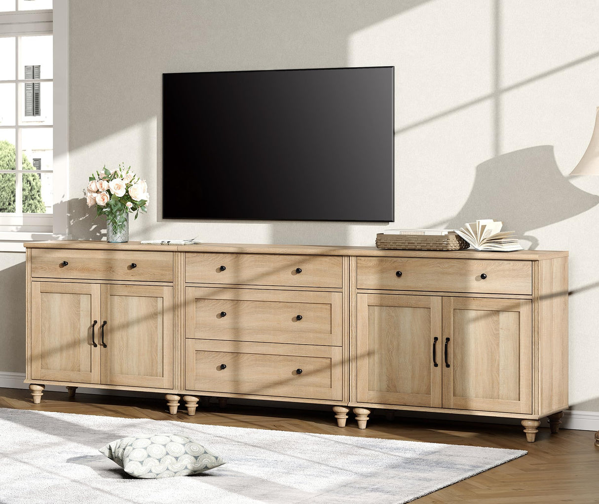 WAMPAT Farmhouse TV Stand for 100 Inch TV, 3-in-1 TV Console Table with 5 Drawers and 4 Doors, Entertainment Center for 75/80/85/90 Inch TV, Kitchen Sideboard Buffet Cabinet for Dining Room, Oak WAMPAT