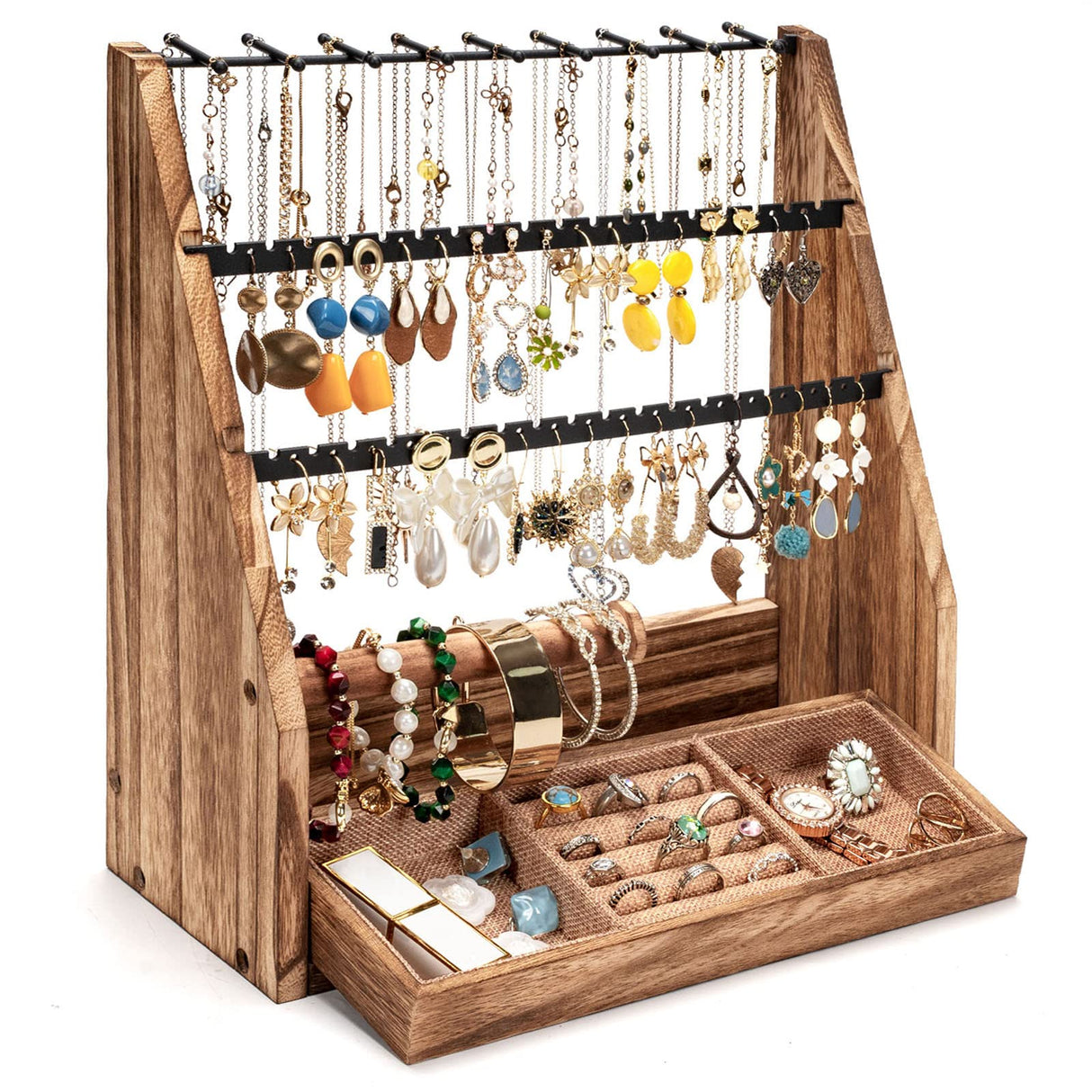 DGWJSU Jewelry Organizer Stand, 5 Layer Earring Holder Organizer with Necklace Holder, Rustic Wood Earring Organizer Display for Stud Earring Bracelet Necklace Ring, Watches DGWJSU