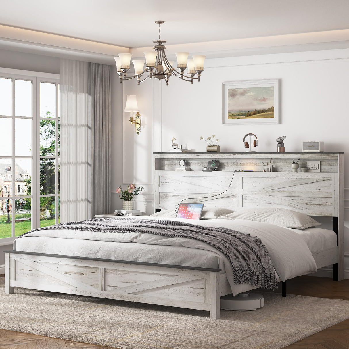 madeslves Farmhouse Wooden Bed Frame King Size with Storage Headboard, Boho Platform Bedframe with LED Lights and Charging Station, Metal Slats Support, No Box Spring Needed, White madeslves