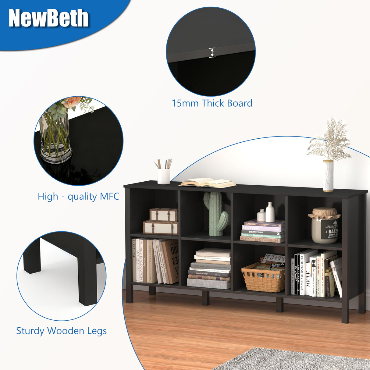 NewBeth 8-Cube Bookcase, Farmhouse Wooden Bookshelf Low Storage Organizer, 59" Horizontal Black Console with Legs, Hallway Book Case for Entryway, Display Cabinet for Living Room (Black, 8-Cube) NewBeth